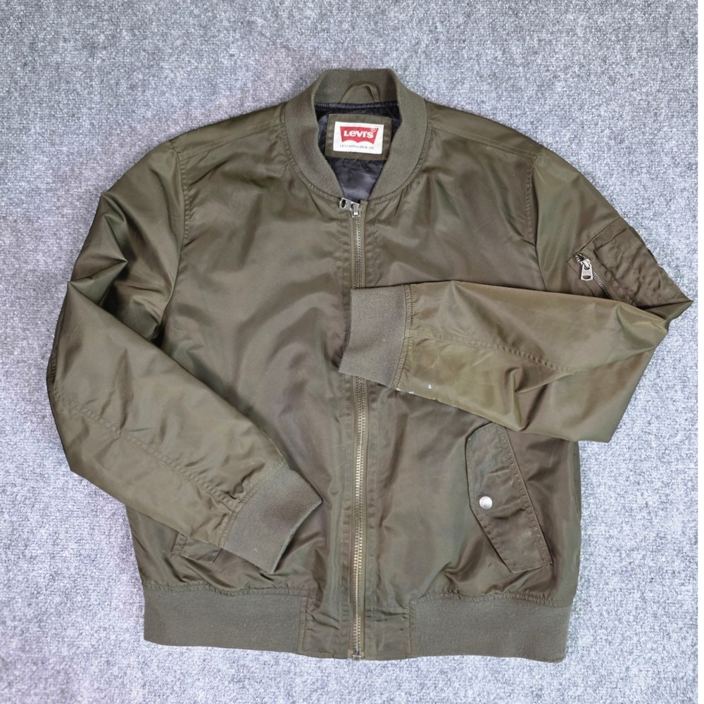 Levis Bomber Jacket Mens Large Olive Green Full Zip Nylon Flight Jacket